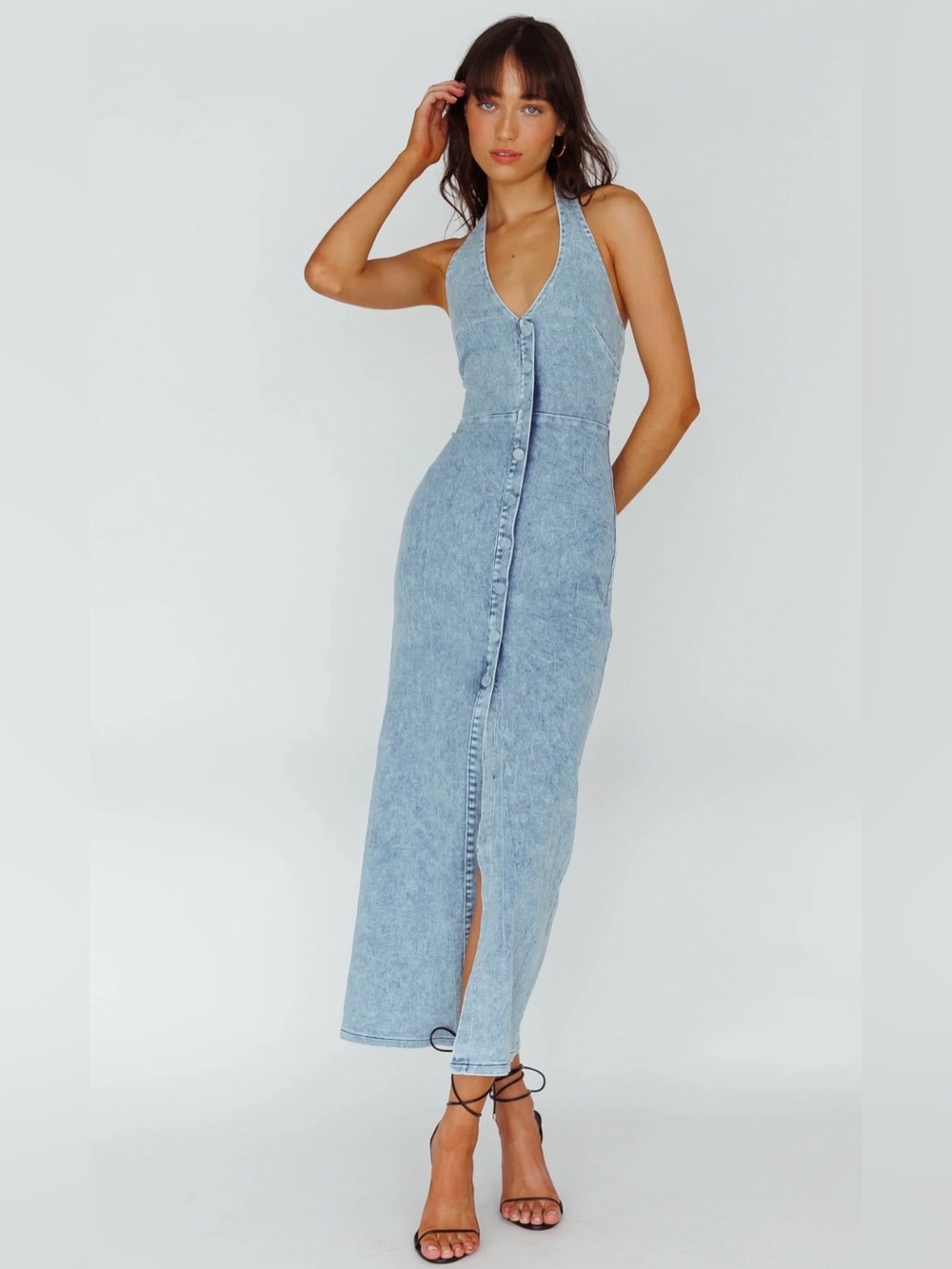 One and Only Collective Acid Wash Denim Halter Midi Dress | Size XS | Y2K Summer